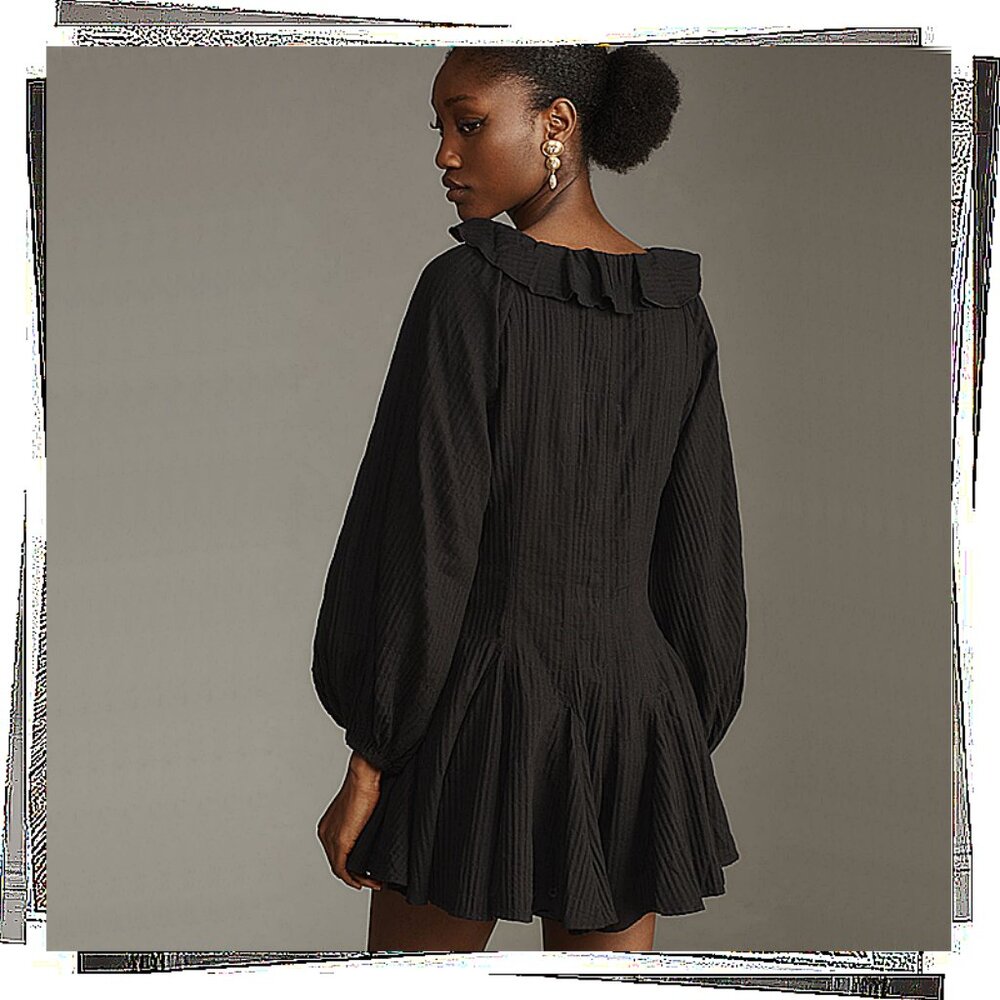 Anthropologie Black Ruffled Long-Sleeve Mini Romper - Picture 4 of 5